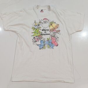 Vintage Merry Christmas‎ White T-Shirt Single Stitch Fruit Of The Loom 1990 USA